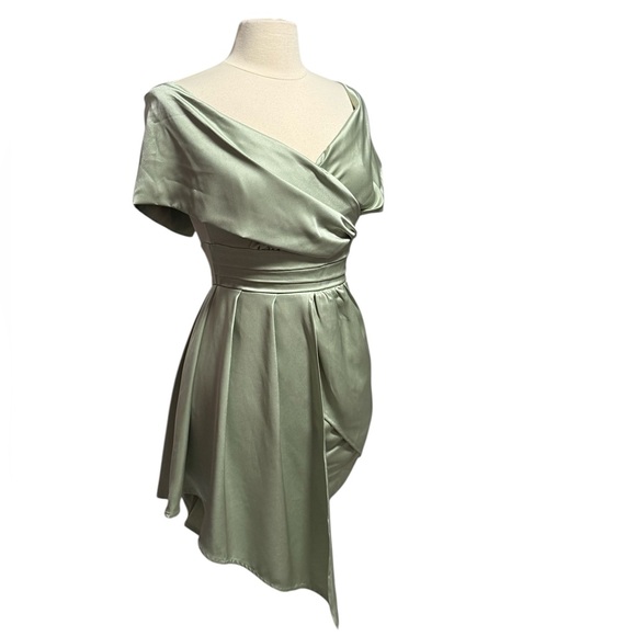 Lulus Always Celebrating Sage Asymmetrical Off Shoulder Mini Dress Small NWT - Picture 4 of 16